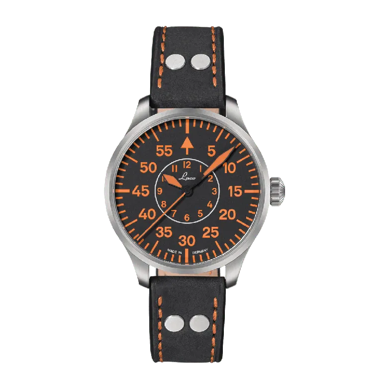 Laco Palermo 39 Black Dial with Orange Accents and Leather Strap