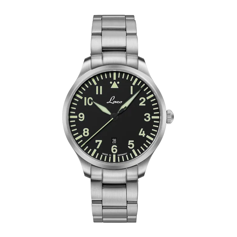 Laco Genf.2.D 40 MB Quartz Black Dial Stainless Steel Bracelet