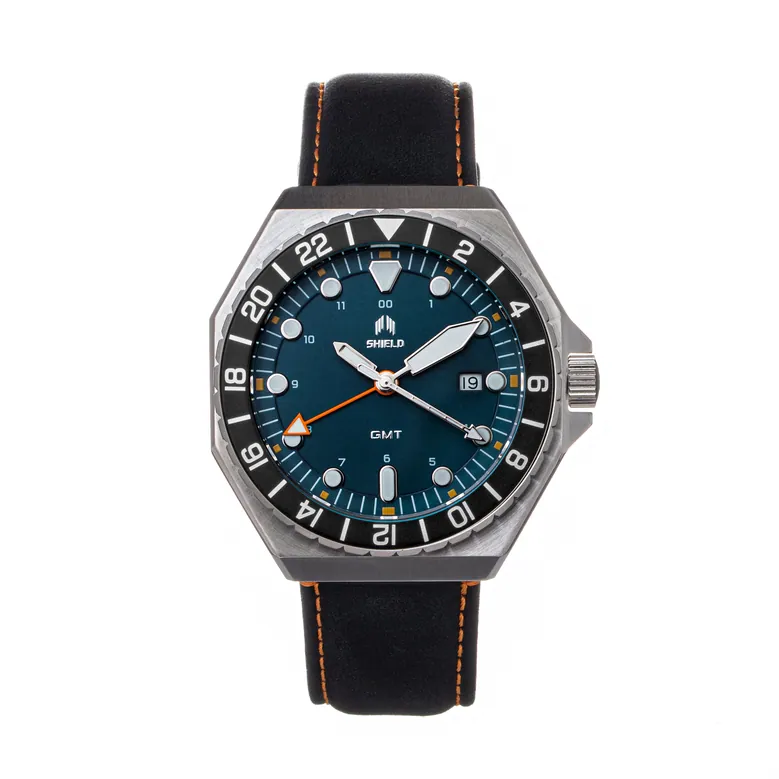 Shield Marco Leather-Band Watch w/Date - Dusty Blue