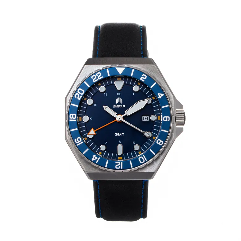 Shield Marco Leather-Band Watch w/Date - Navy
