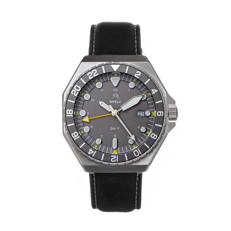 Shield Marco Leather-Band Watch w/Date - Grey