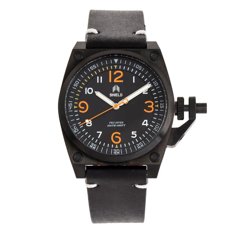 Shield Pascal Leather-Band Men's Diver Watch - Black