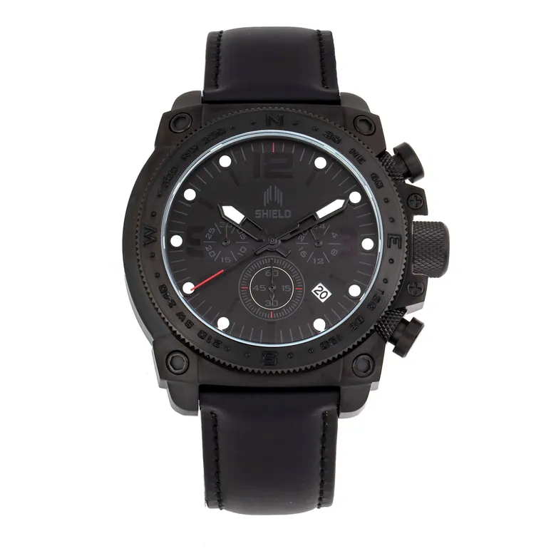 Shield Tesei Chronograph Leather-Band Men's Diver Watch w/Date - Black