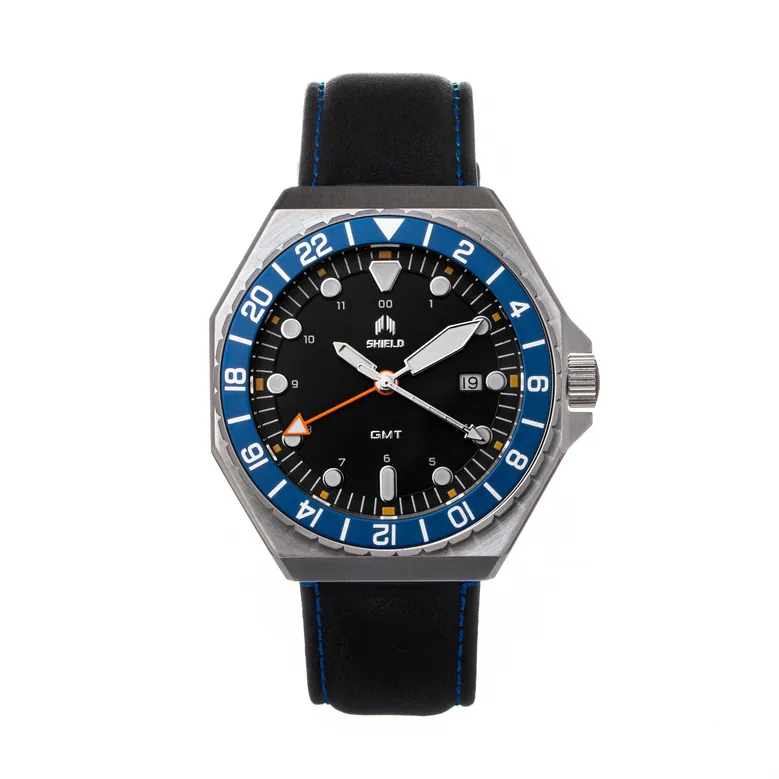 Shield Marco Leather-Band Watch w/Date - Black/Navy