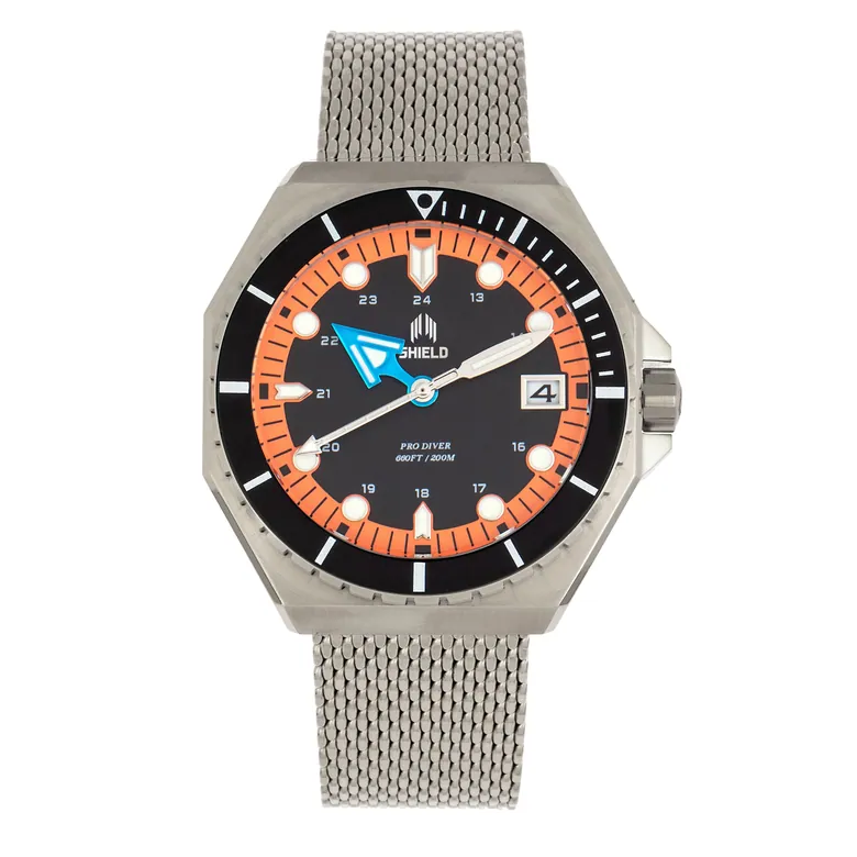 Shield Marius Bracelet Men's Diver Watch w/Date - Silver/Orange
