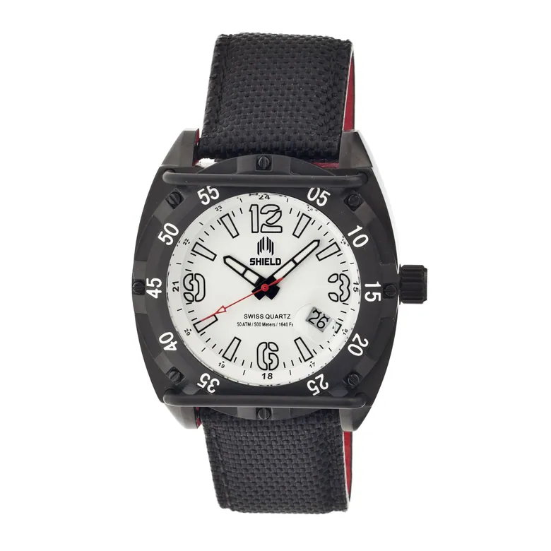 Shield Pilecki Leather-Band Swiss Mens Diver Watch - Black/White