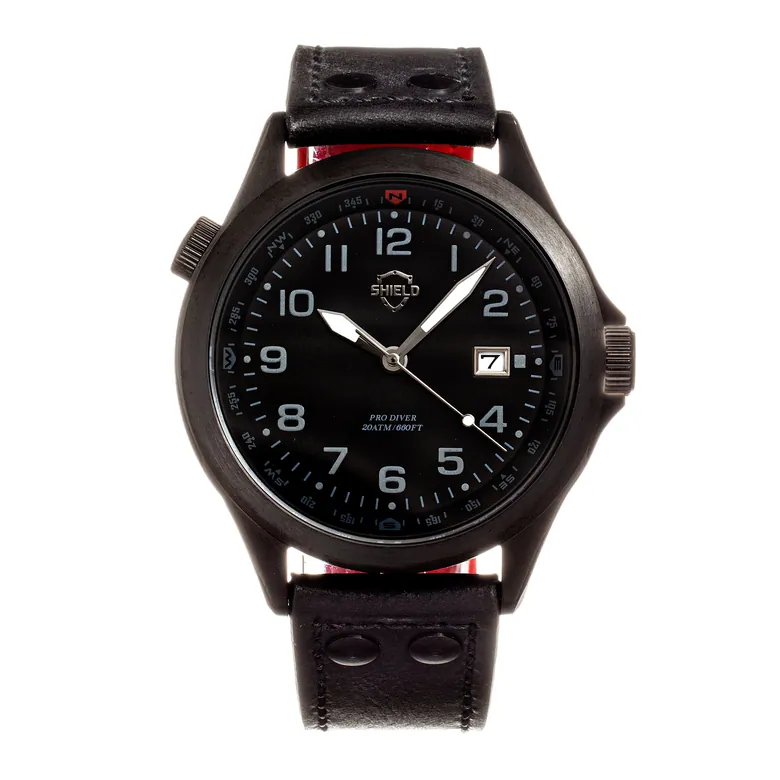 Shield Palau Leather-Band Men's Diver Watch w/Date - Black