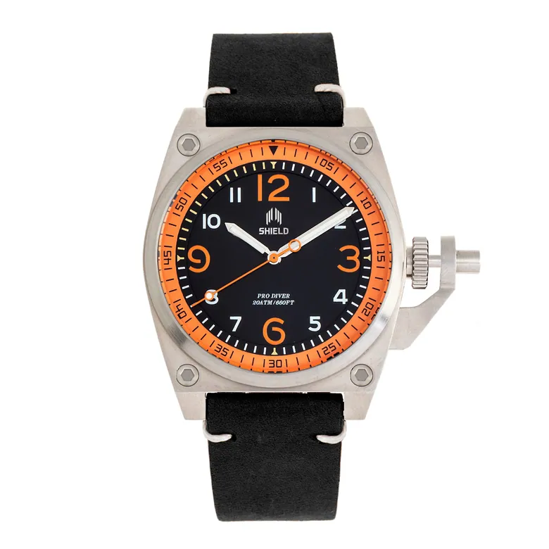 Shield Pascal Leather-Band Men's Diver Watch - Black/Orange