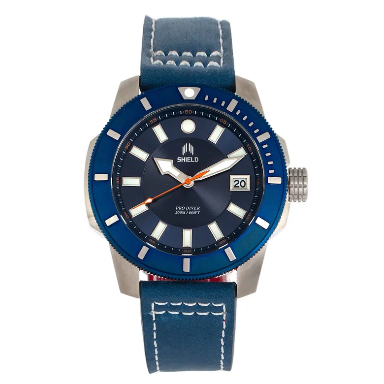 Shield Shaw Leather-Band Men's Diver Watch w/Date - Silver/Blue