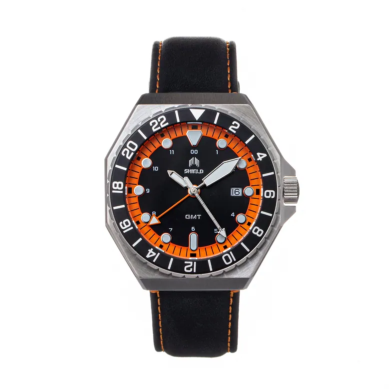 Shield Marco Leather-Band Watch w/Date - Black/Orange