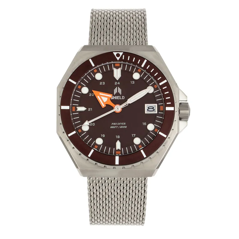 Shield Marius Bracelet Men's Diver Watch w/Date - Silver/Brown