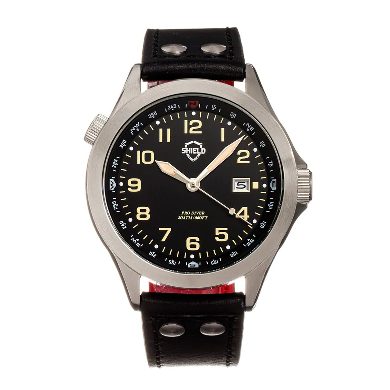 Shield Palau Leather-Band Men's Diver Watch w/Date - Silver/Black