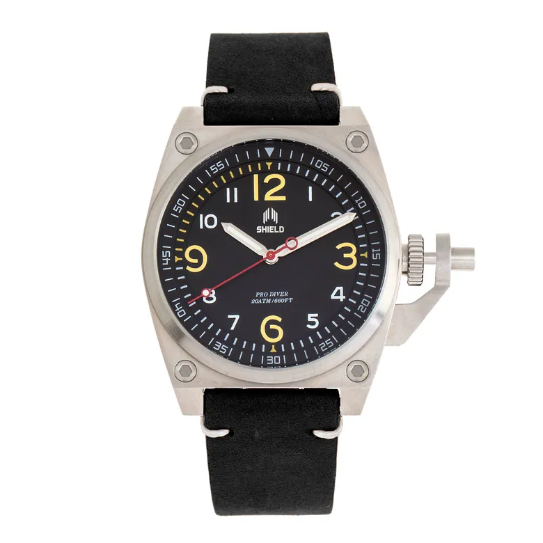 Shield Pascal Leather-Band Men's Diver Watch - Black/Silver