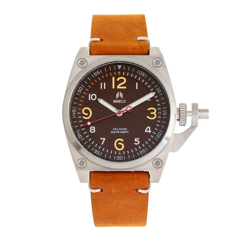 Shield Pascal Leather-Band Men's Diver Watch - Camel/Brown