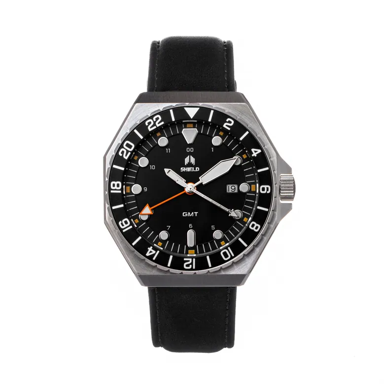 Shield Marco Leather-Band Watch w/Date - Black