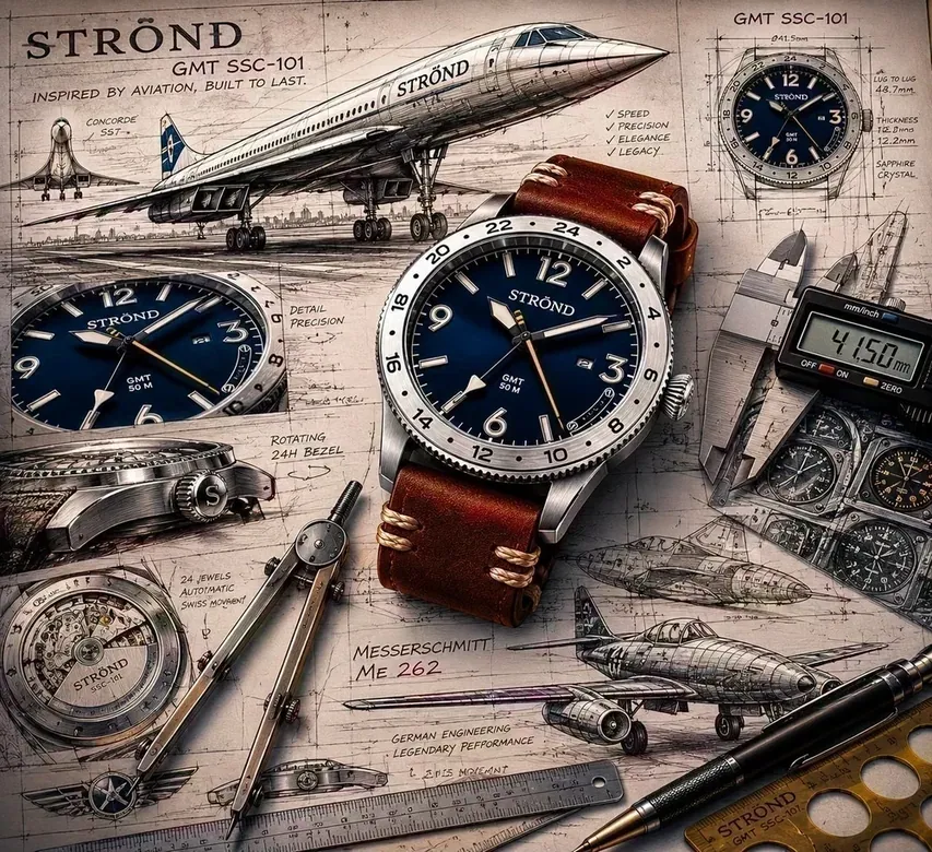 STROND SSC-101 GMT Concorde watch, All Stainless Steel & Blue