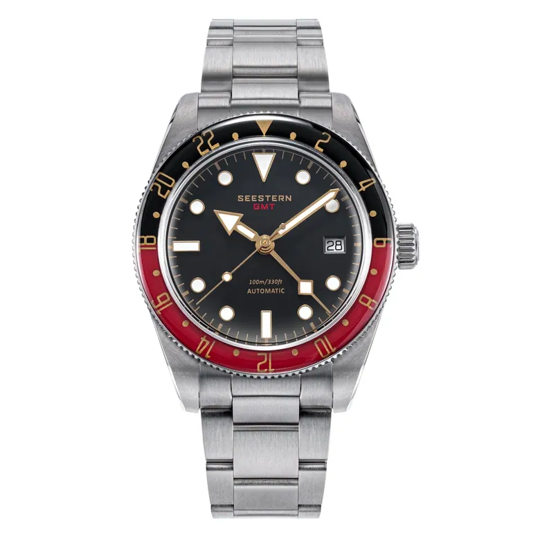 Seestern S478 GMT Black Red Sapphire Bezel Black Dial