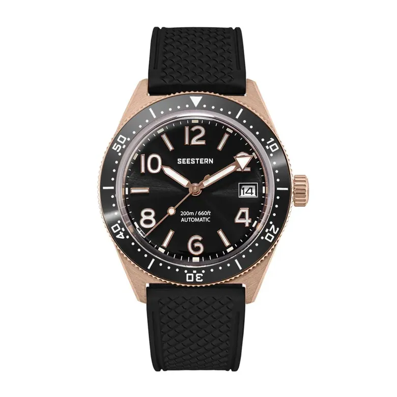 Seestern S434-2 Rose Gold Black Dial Rubber Band Professional Diver Automatic 200m Water Resistant