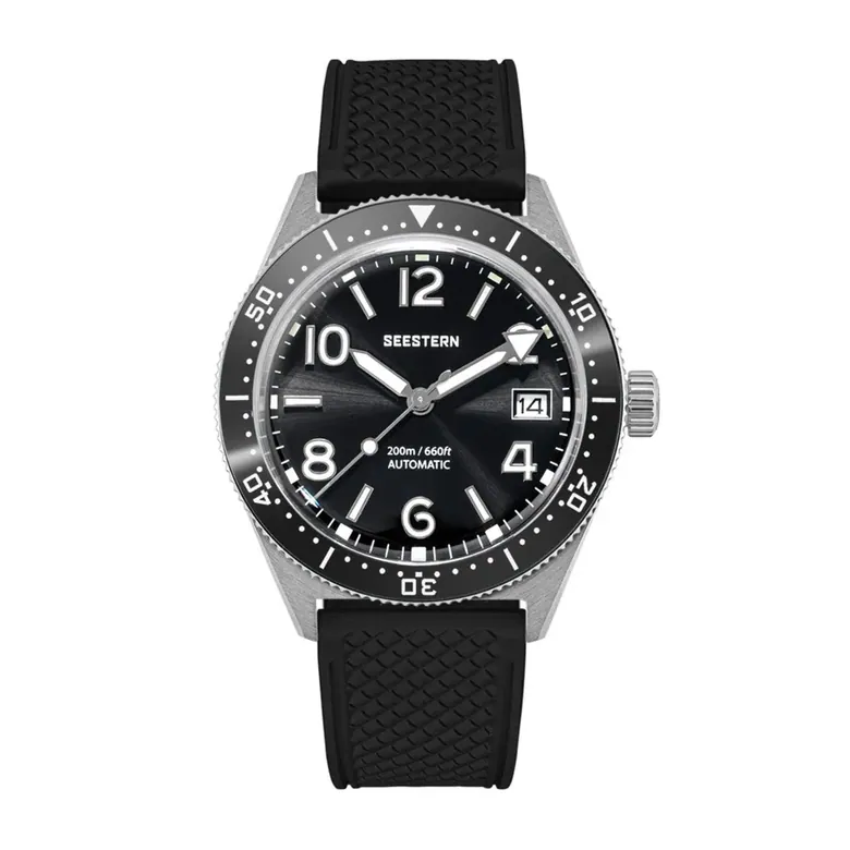 Seestern S434-2 Stainless-Steel Black Dial Rubber Band Professional Diver Automatic 200m Water Resistant