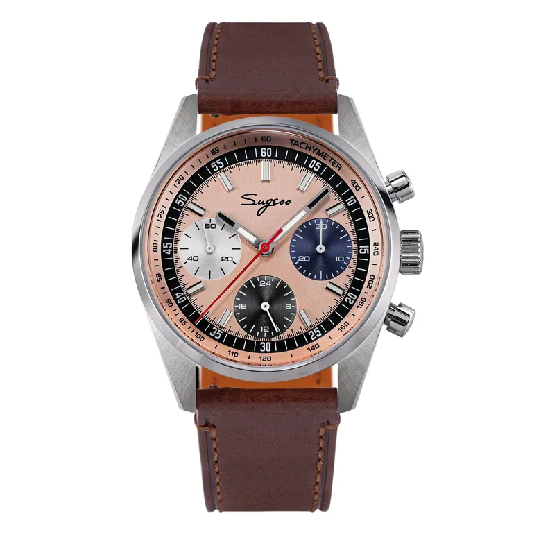 Sugess S465 Chronograph Stainless Steel Special Champagne Dial Silver Hand Brown Strap