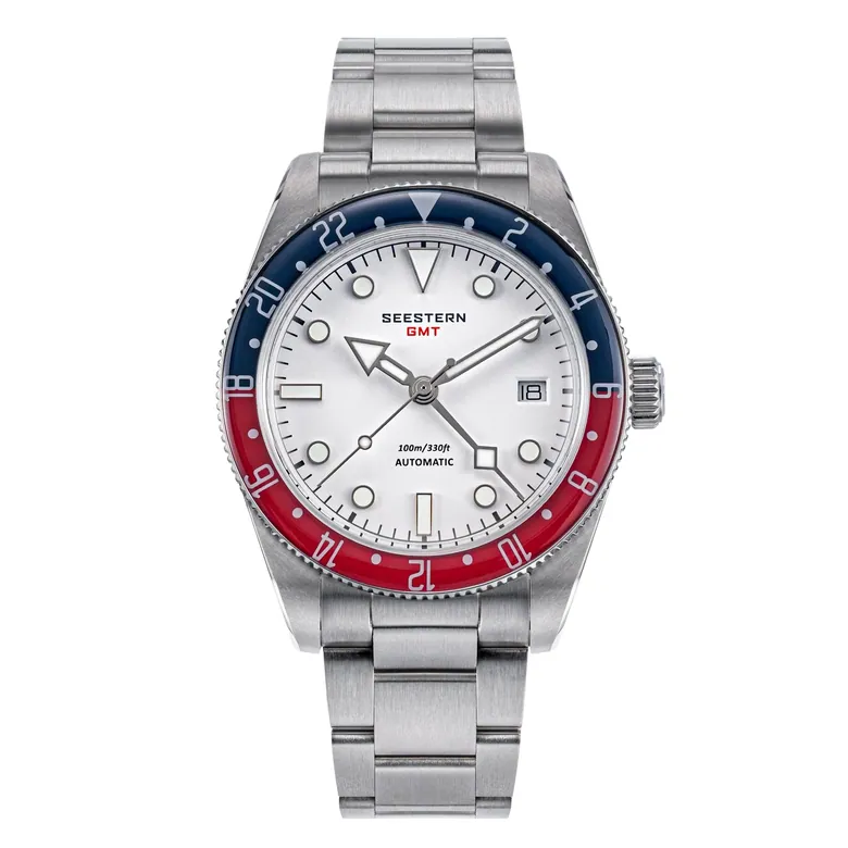 Seestern S478 GMT Blue Red Sapphire Bezel White Dial
