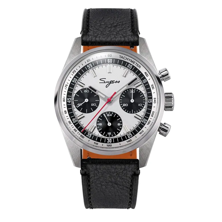 Sugess S465 Chronograph Stainless Steel Panda Dial Silver Hand Black Leather