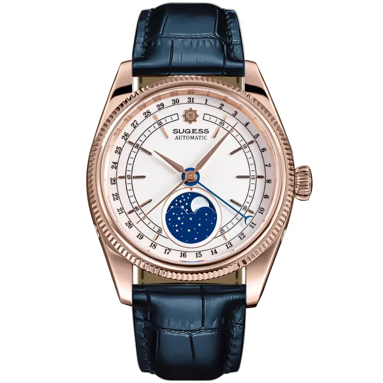 MoonPhase Master S452 Rose Gold White Dial Deep Blue Strap