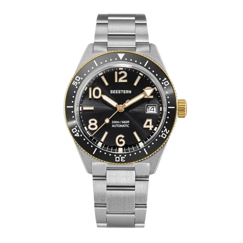 Seestern S434-2 Stainless-Steel Black Dial Gold Bezel Professional Diver Automatic 200m Water Resistant