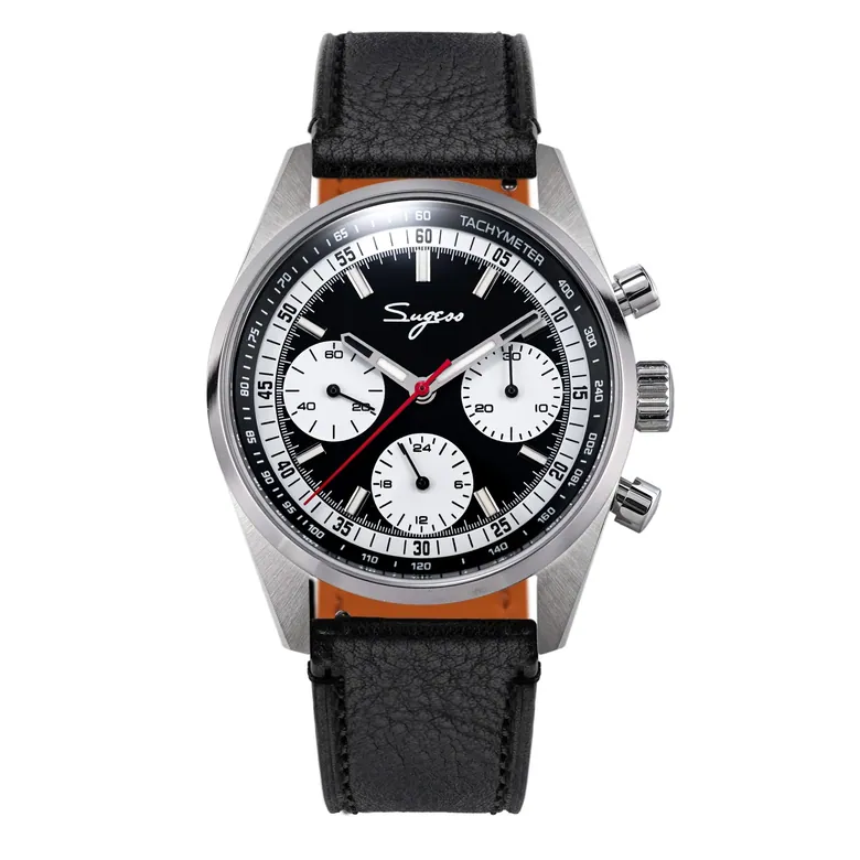 Sugess S465 Chronograph Stainless Steel Black Dial Silver Hand Black Leather