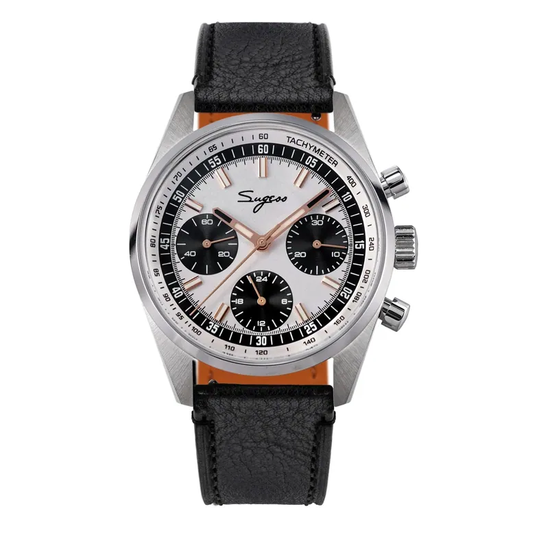 Sugess S465 Chronograph Stainless Steel Black Dial Rose Gold Hand Black Leather