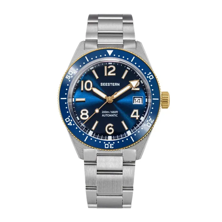 Seestern S434-2 Stainless-Steel Blue Dial Gold Bezel Professional Diver Automatic 200m Water Resistant