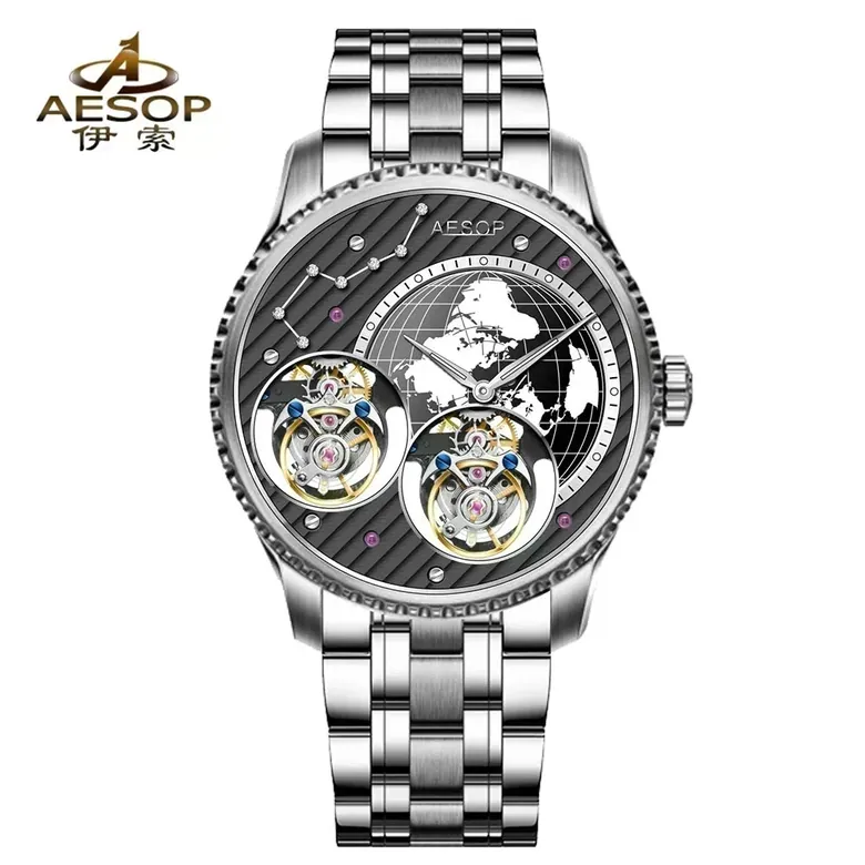 Double Flying Tourbillon Watch World Map AESOP 7116 42mm Skeleton Luxury Waterproof Wristwatches Sapphire