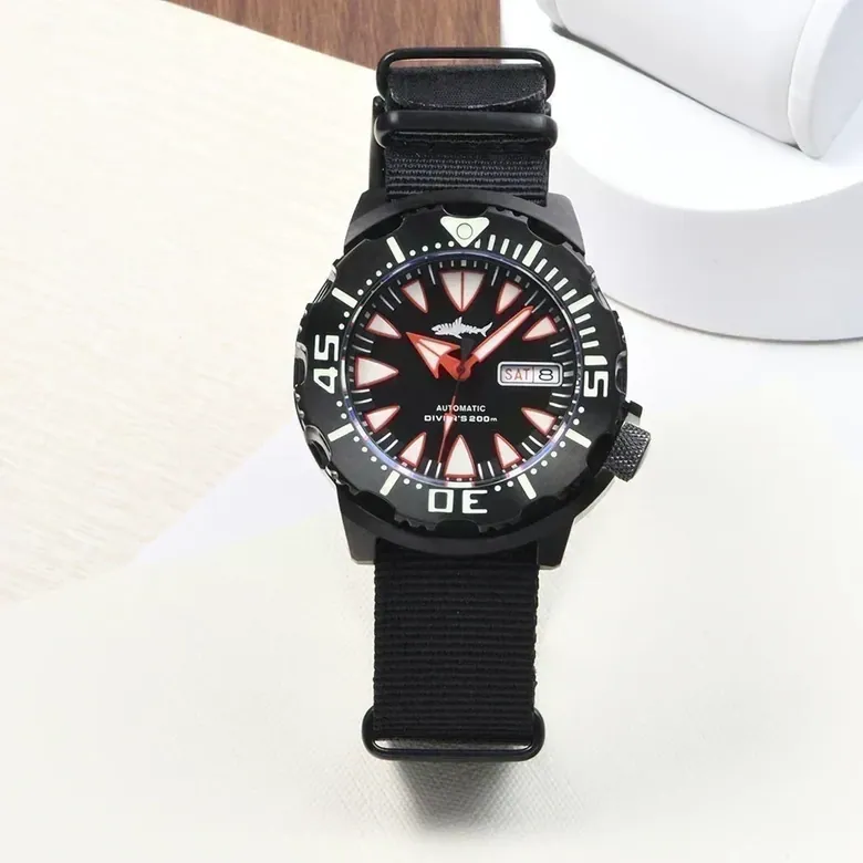HEIMDALLR NH36 Monster Diver Automatic 200m Waterproof PVd Black AR Sapphire Luminous Men Watch Ghost Teeth Series