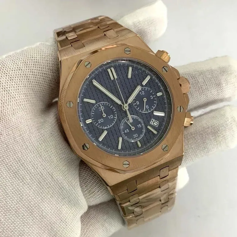 Rose Gold Quartz Royal Oak Octagon Watch Customized LOGO Chronograph 41mm Japanese VK63 Movement Sapphire 3ATM