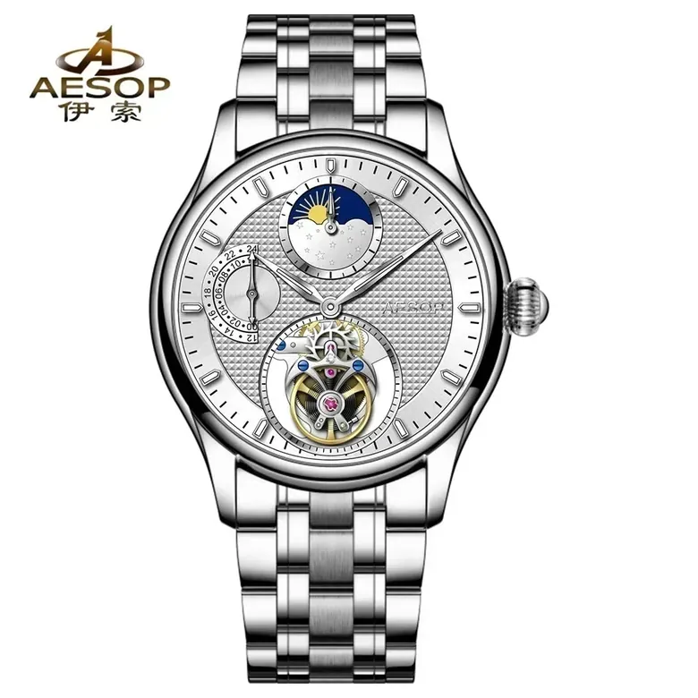 Flying Tourbillon  Automatic Watch AESOP 7117  Skeleton Moon Phase 42mm Sapphire 5ATM