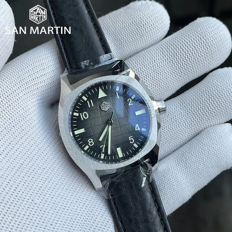 San Martin Dress Watch SN0026 38mm PT5000 SW200 Automatic Original Design Grid Textured Dial 10Bar C3 Lume Sapphire
