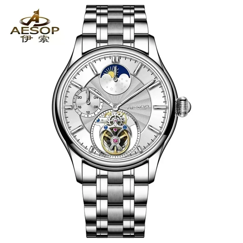 Flying Tourbillon Moon Phase Watch AESOP 7118 42mm Subsecond Automatic Skeleton Waterproof Sapphire