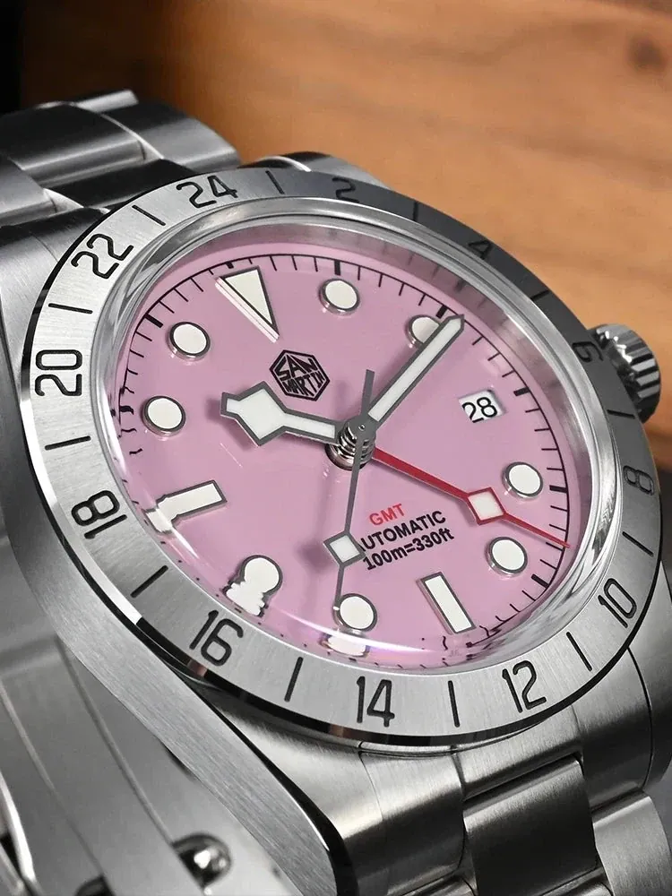 San Martin SN0054G GMT Pink Dial BB 39mm NH34 Automatic Watch 10Bar AR Sapphire BGW9 Lume