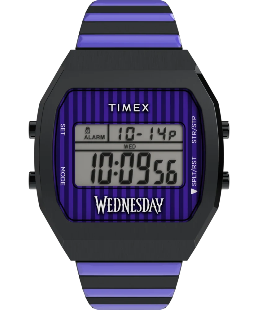 Timex x Wednesday T80 36mm Stainless Steel Black and Purple Expansion Band Watch