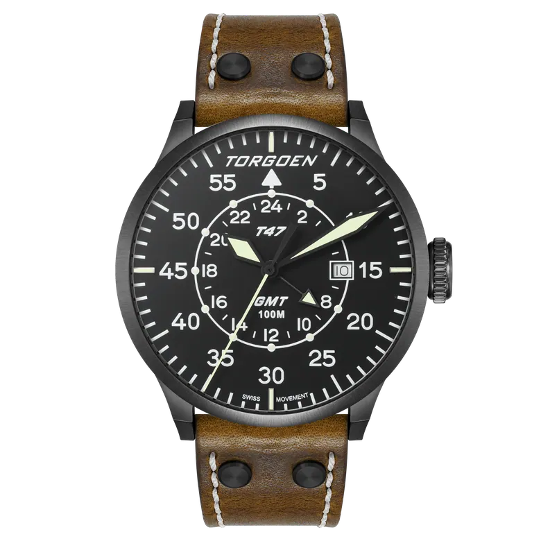 T47 Jumbo Black Sapphire GMT | 47mm, Brown Leather Strap