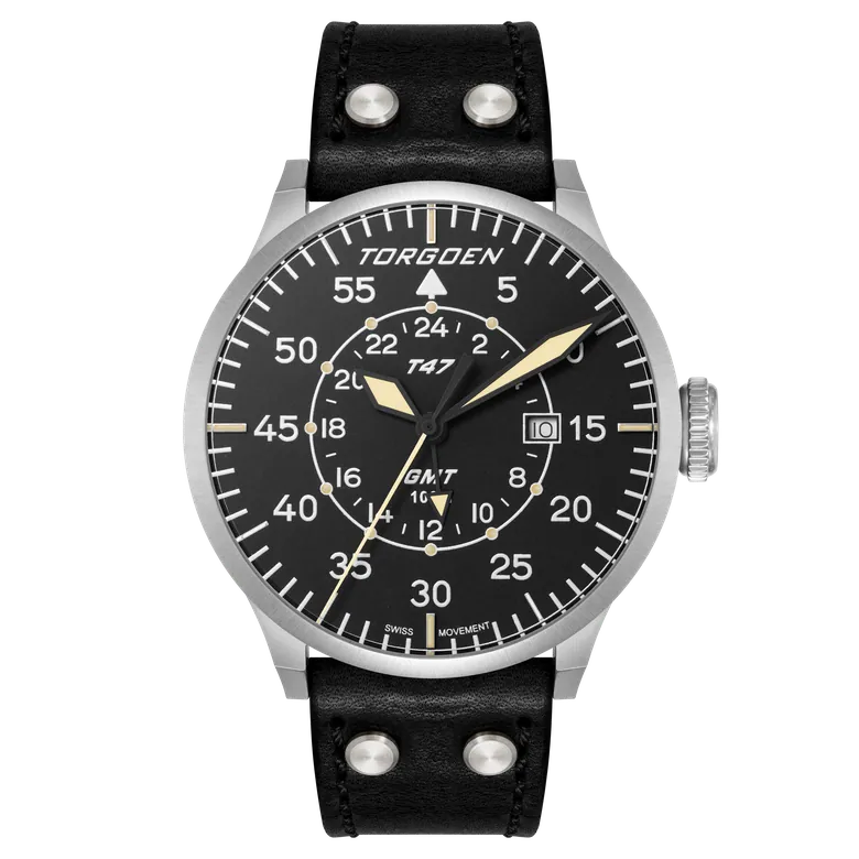 T47 Jumbo Black Sapphire GMT | 47mm, Black Leather Strap