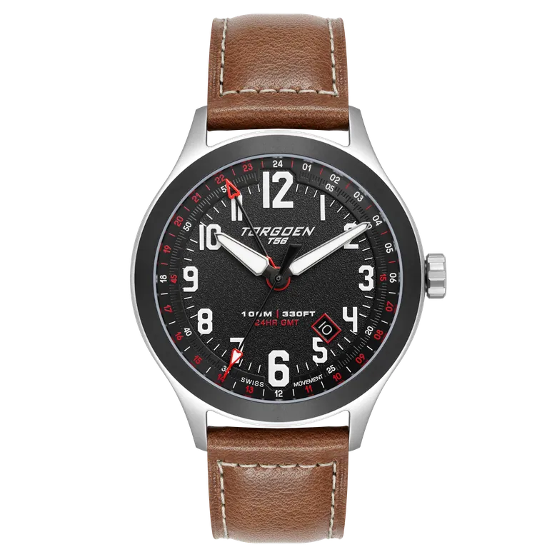 T56 Black Sapphire GMT | 44mm, Dark Brown Leather Strap