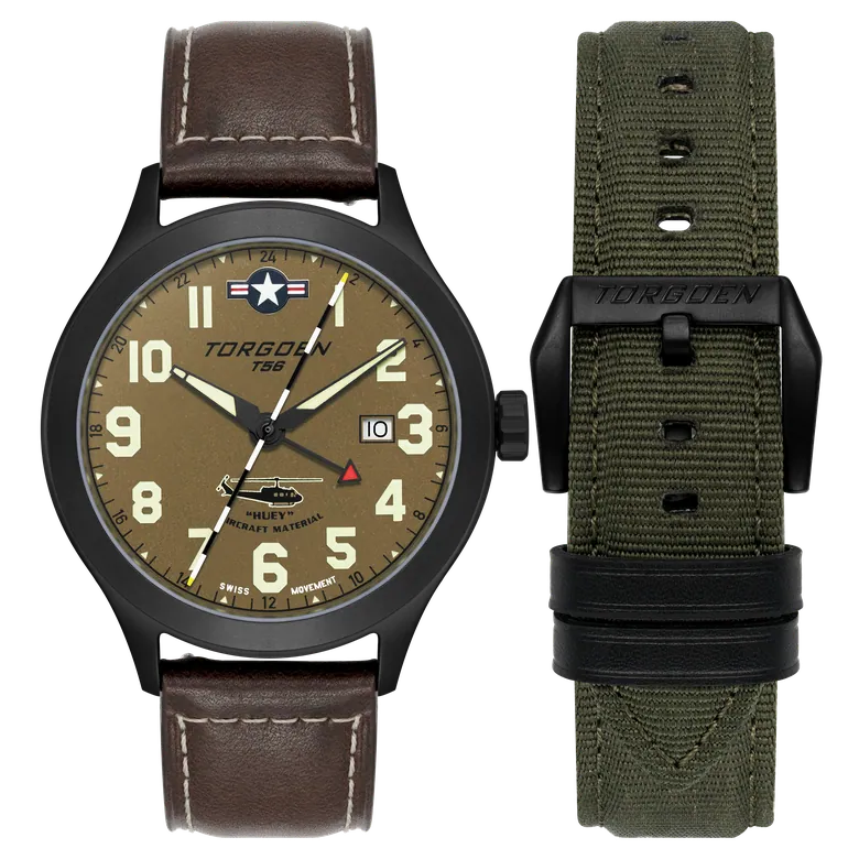 T56 Limited Edition Pacific Fighters x Huey Helicopter Set | 44mm, Brown Leather/Green Nylon Strap