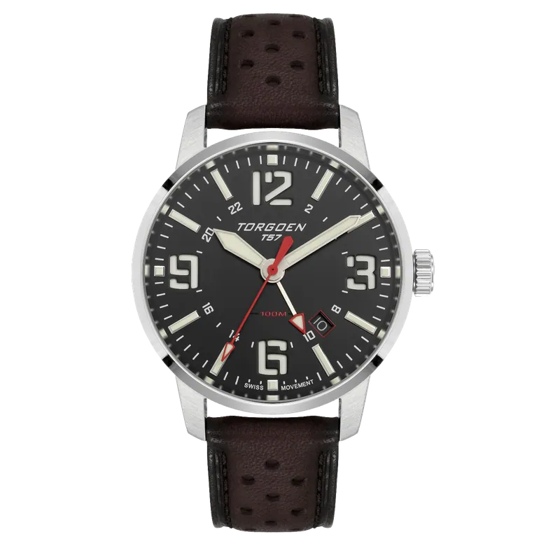 T57 Black GMT Sapphire | 41mm, Dark Brown Leather