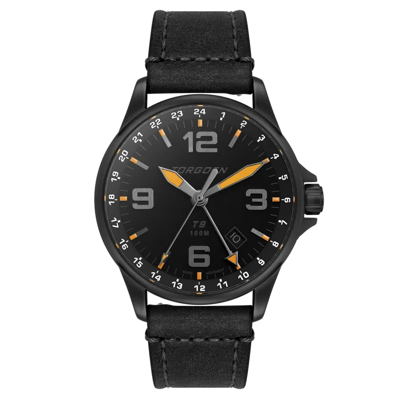 T9 Blackbird GMT | 42mm, Black Leather Strap