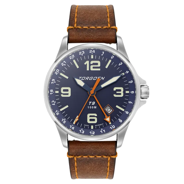 T9 Bluebird Sapphire GMT | 42mm, Brown Leather Strap