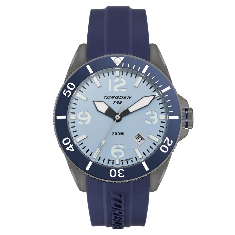 T43 Ice Blue Ion Plated Sapphire Diver | 44mm, Navy Silicone Strap
