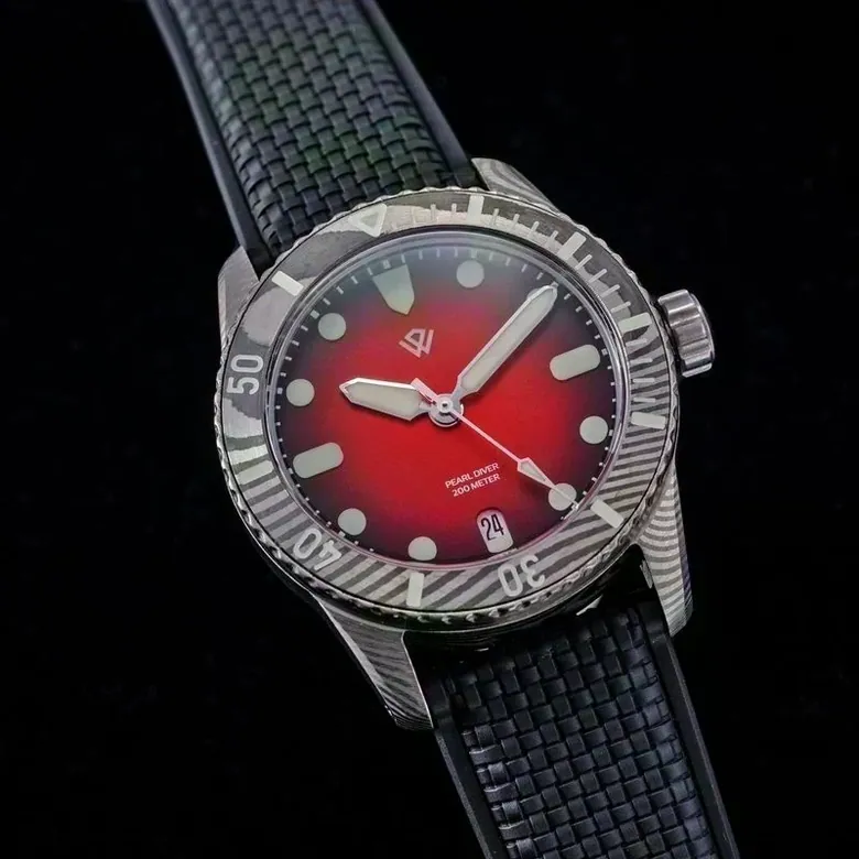US STOCK Swiss Made Damascus steel 37 mm Red SW200-1 b