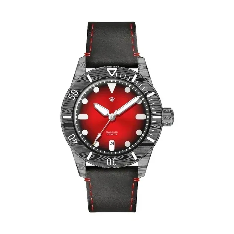 PRE ORDER Swiss Made Damscus steel 37 mm Red SW200-1 b No date