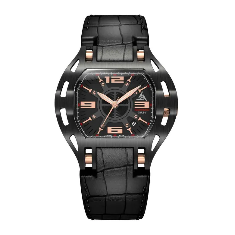 Black Automatic Skeleton Watch Wryst ETA 2824 Open Case Back